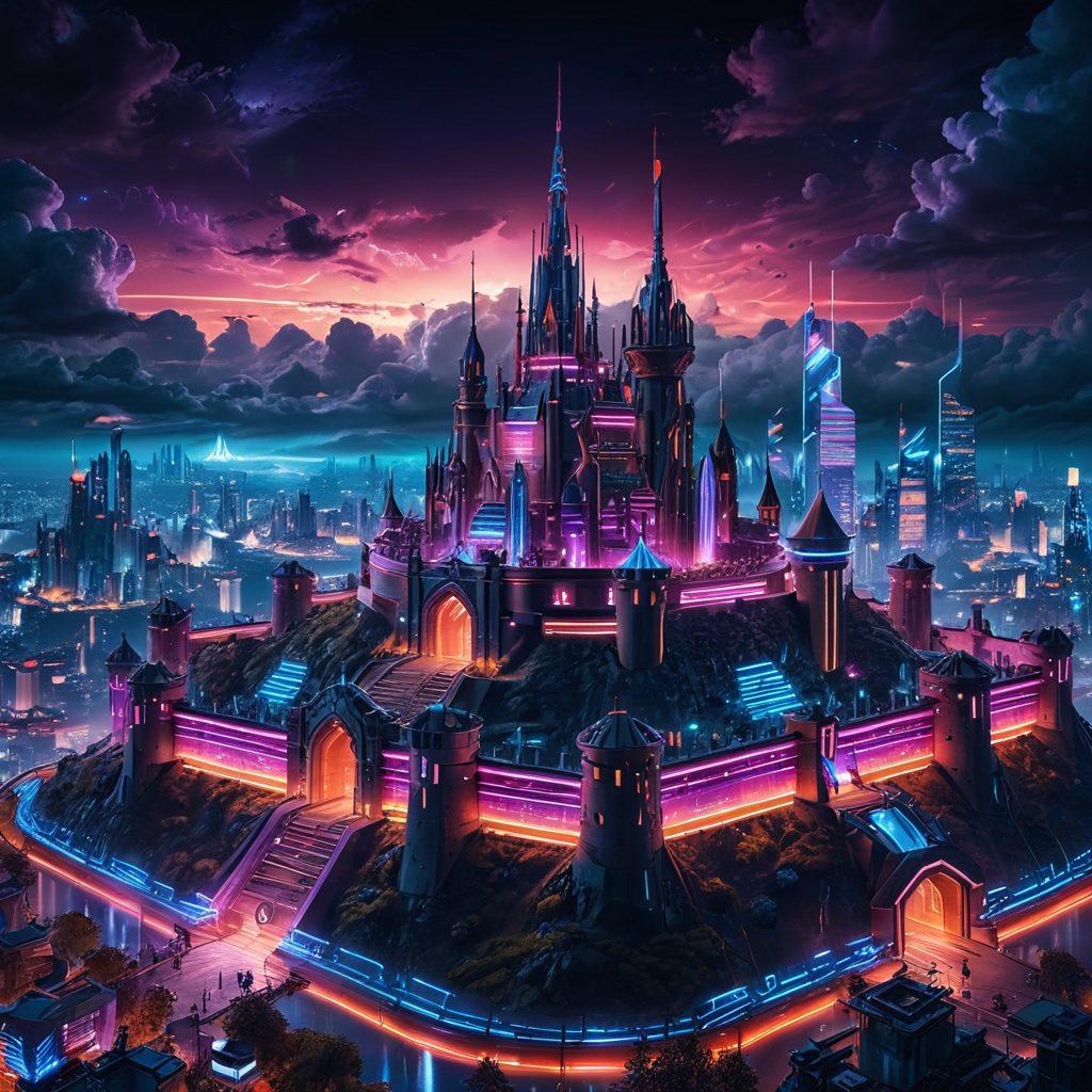 A digital fortress depicted as a high-tech castle surrounded by glowing firewalls and binary code as clouds. Inside, various high-tech gadgets symbolize malware protection, like shields and antivirus bots. The background features a futuristic city skyline, representing a secure digital environment. Emphasize vibrant colors and a cyberpunk aesthetic that captures the essence of a digital defense strategy. 3D. vibrant colors.