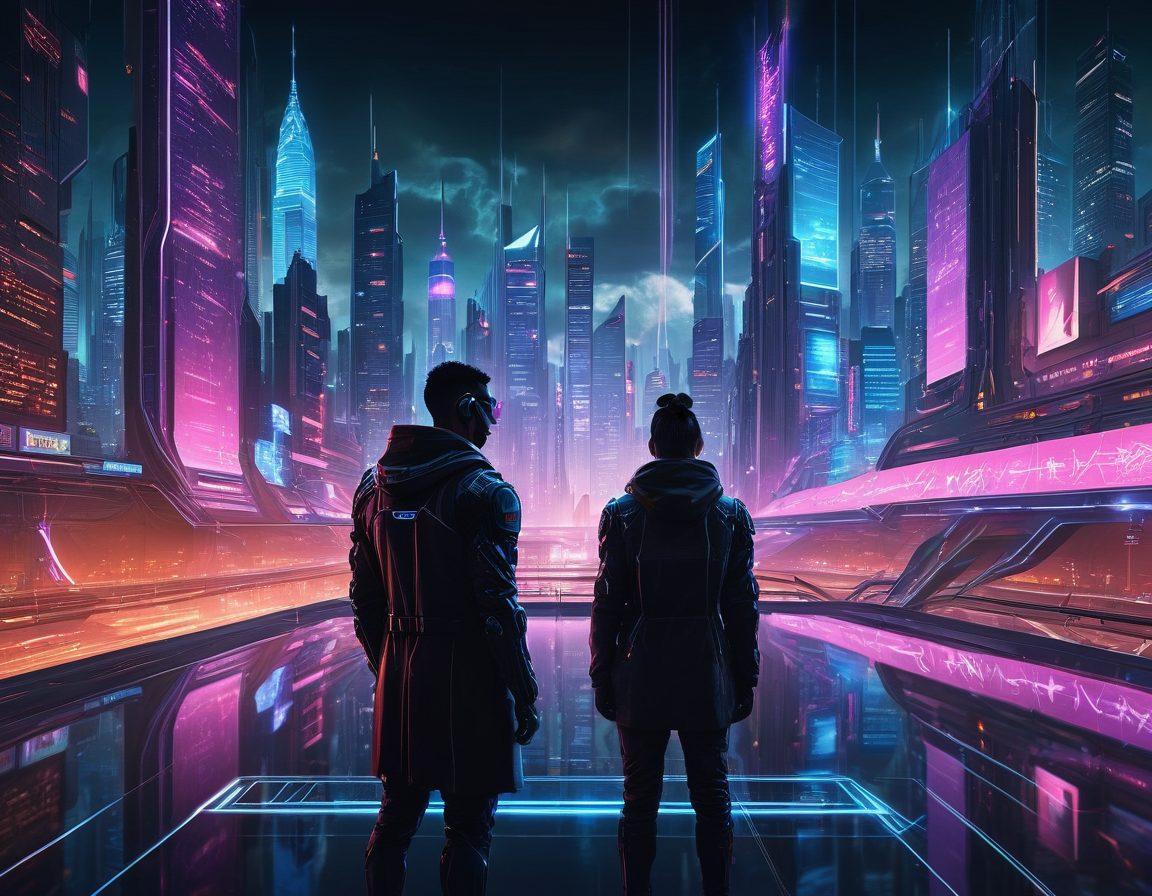 A futuristic digital landscape depicting a vibrant city skyline, overlaid with intricate circuit patterns symbolizing advanced technology. In the foreground, a vigilant guardian figure, equipped with high-tech gear, analyzes streams of glowing data and malware threats. Surrounding elements include holographic screens displaying malware statistics, and a protective force field emanating from the guardian. The overall theme conveys urgency and sophistication in cybersecurity. cyberpunk. vibrant colors.