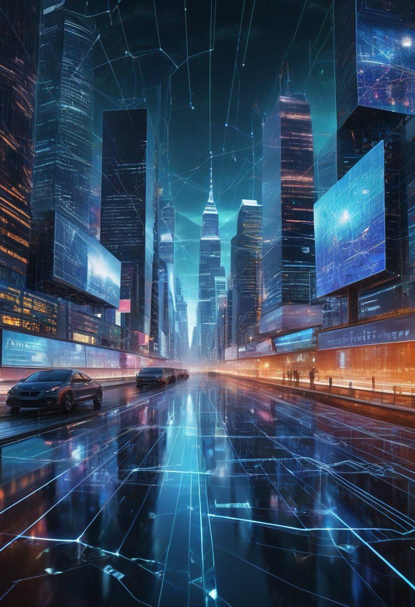 A futuristic digital landscape featuring a transparent shield protecting glowing data streams and computer circuits from malevolent, dark-colored malware figures. In the background, a city skyline enhanced with large screens displaying real-time cybersecurity statistics, surrounded by interconnected technological elements symbolizing innovation. The overall feel should be vibrant and dynamic, embodying the essence of a safer digital experience. super-realistic. vibrant colors. 3D.